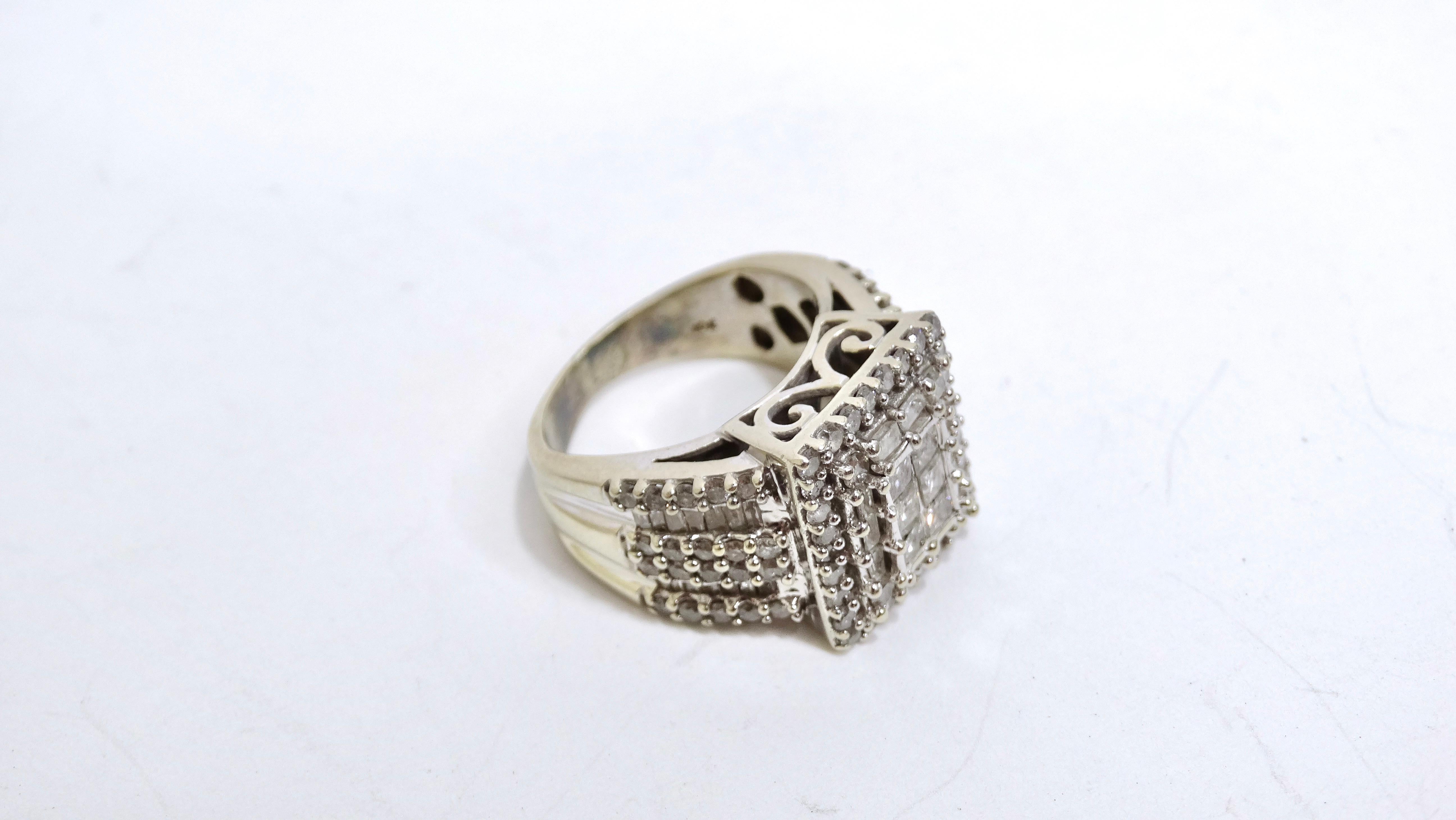 Round Cut Diamond Encrusted Geometric Art Deco Ring