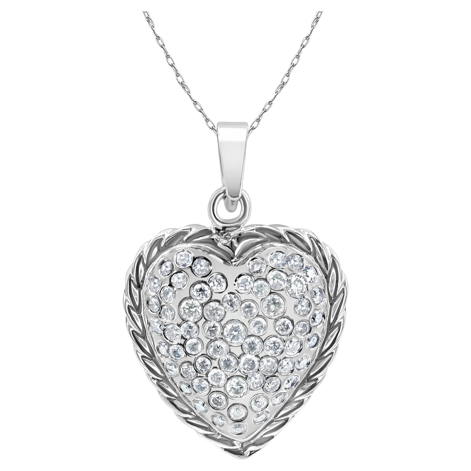 Diamant verkrustete Herz mit Seil Trim 1,30cttw 14k Weißgold im Angebot