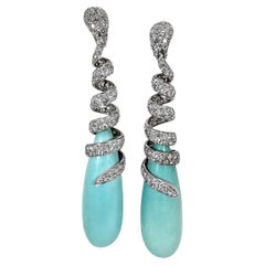 Diamond Encrusted Platinum & Turquoise Cork Screw Earrings 3 1/2 Inches Long