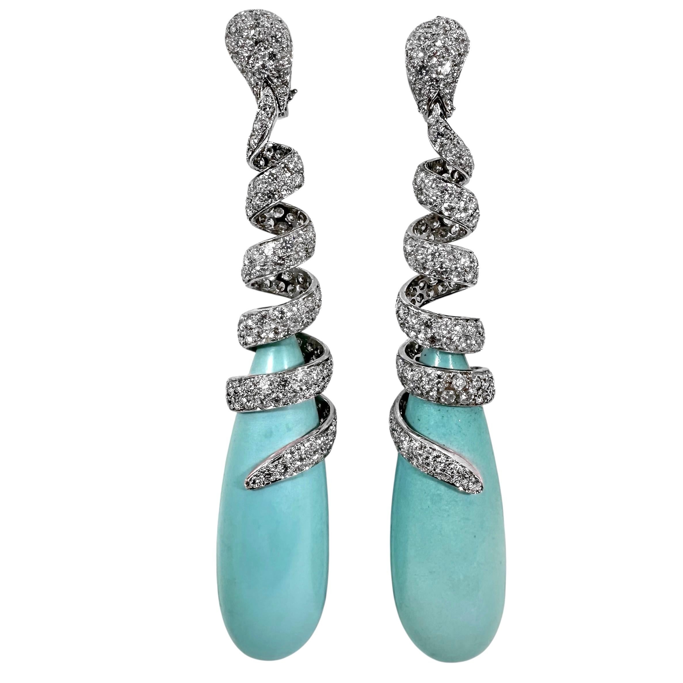 Moderno Orecchini a vite con diamanti incrostati in platino e turchese, lunghi 3 1/2 pollici in vendita