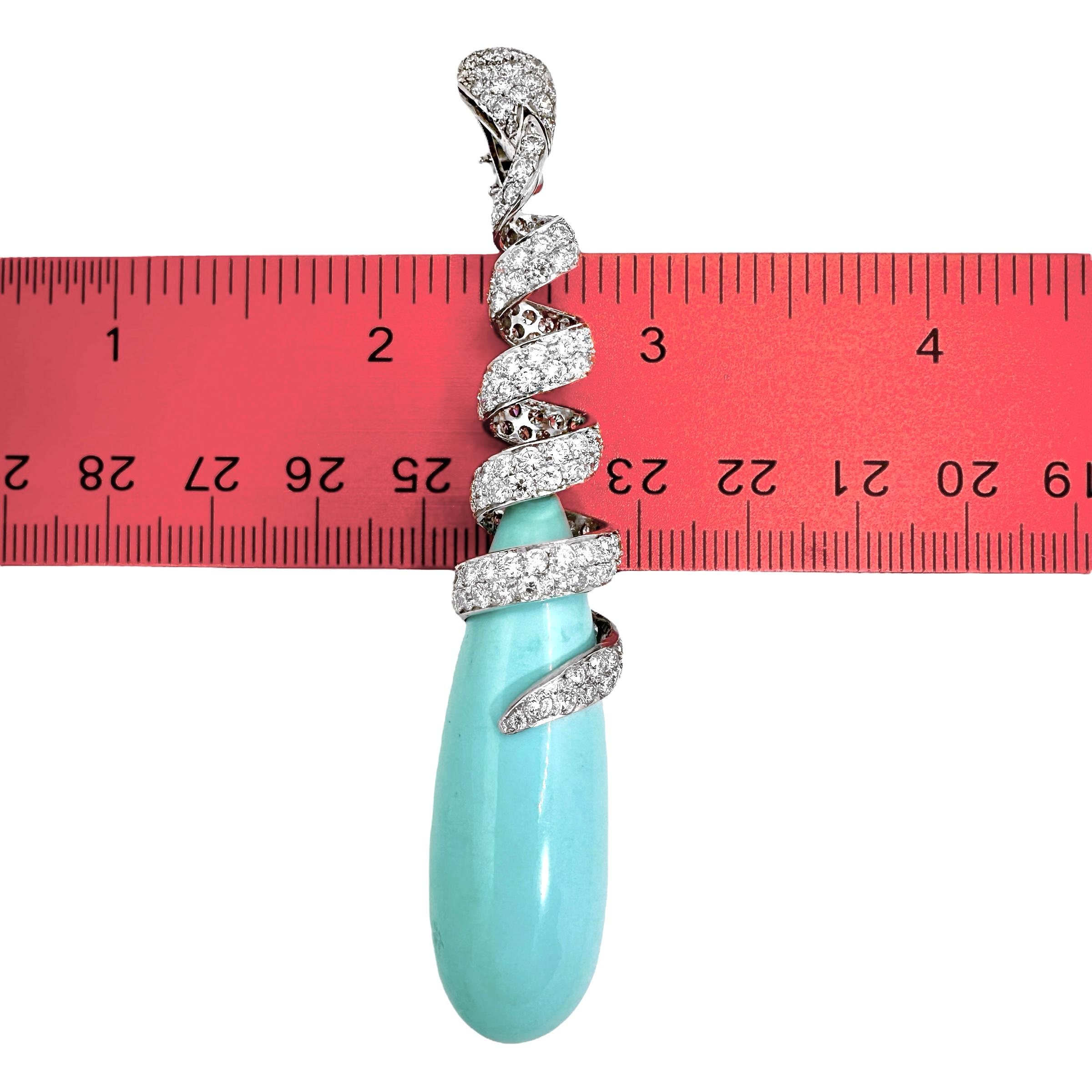 Orecchini a vite con diamanti incrostati in platino e turchese, lunghi 3 1/2 pollici In condizioni buone in vendita a Palm Beach, FL