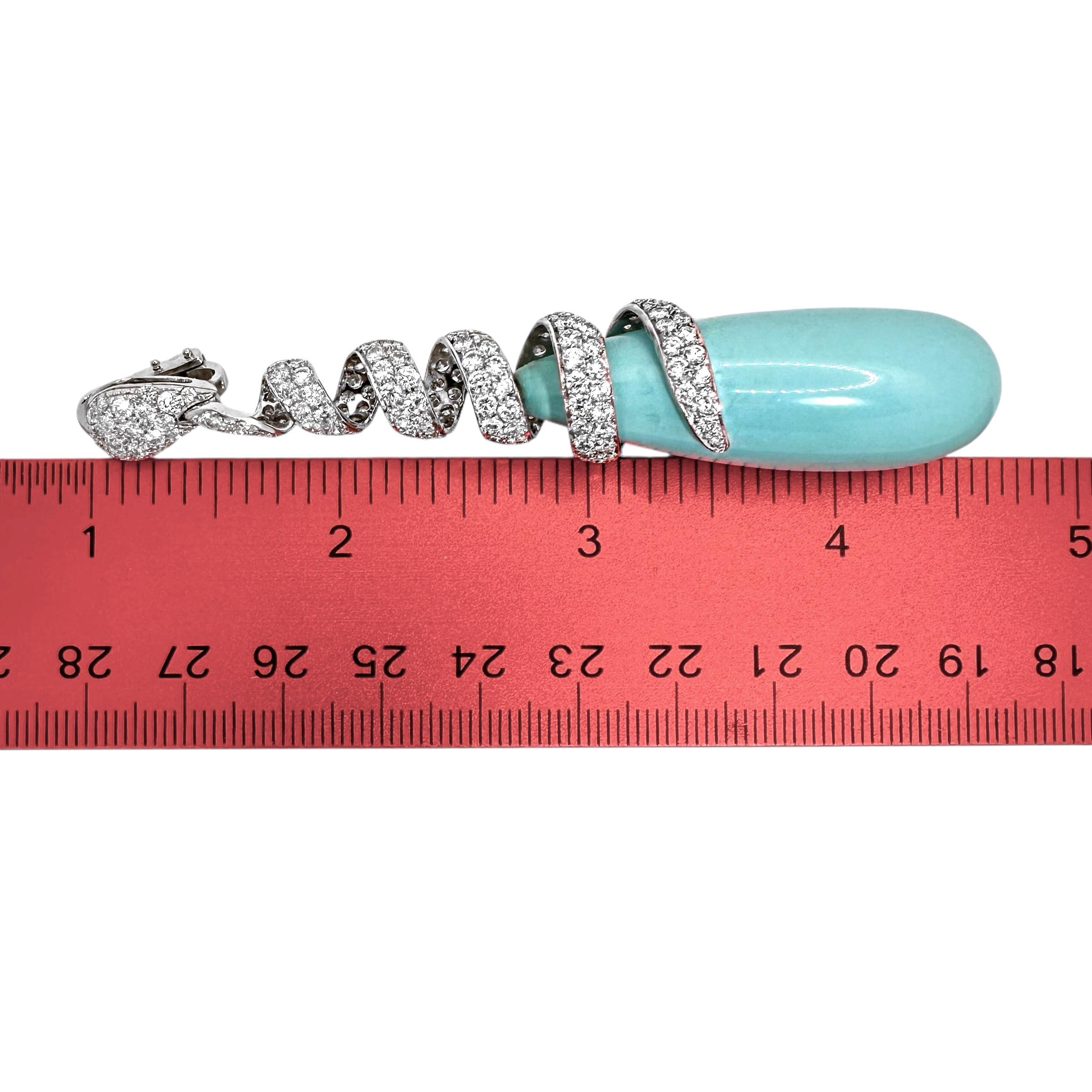 Donna Orecchini a vite con diamanti incrostati in platino e turchese, lunghi 3 1/2 pollici in vendita