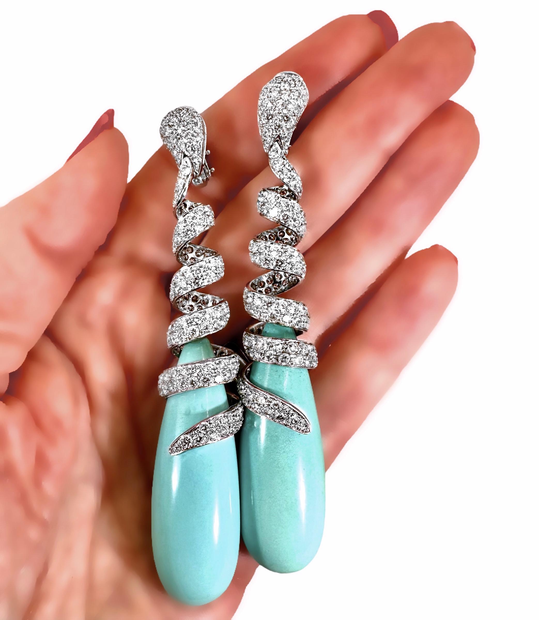 Orecchini a vite con diamanti incrostati in platino e turchese, lunghi 3 1/2 pollici in vendita 1