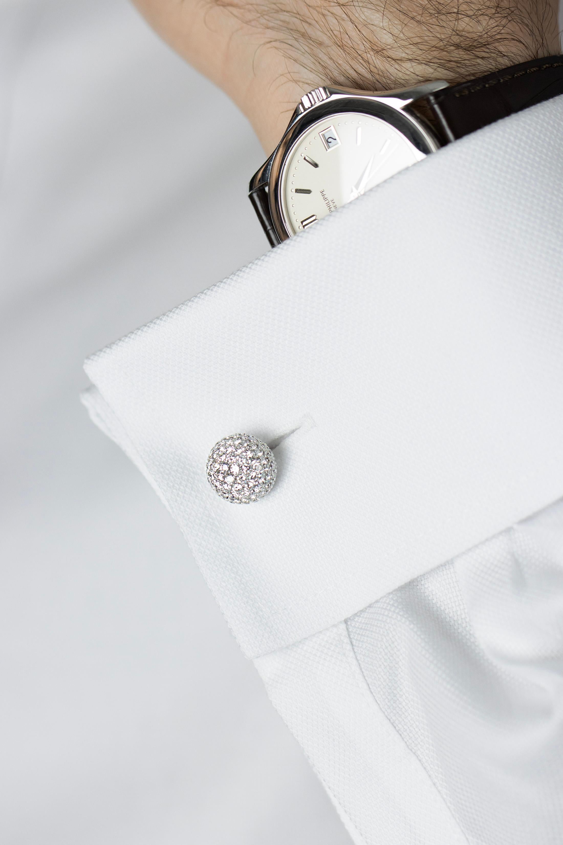 Diamond Encrusted Rounded Face White Gold Cufflinks For Sale 3