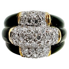 Diamond Encrusted Triple Row Ring With Onyx Shoulders in Yellow Gold