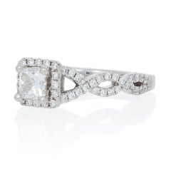 Diamond Ring 14 Karat White Gold Halo Princess Solitaire 1.15 Carat Cathedral