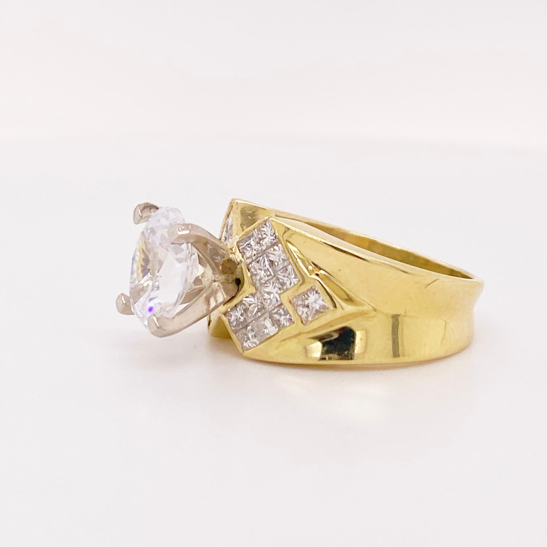 If you're looking for a unique semi-mount engagement ring, you've found the one! The beautiful mix of the yellow gold ring and white gold prongs is an elegant combination! The accent diamonds are gorgeous princess cuts in a stylish pattern for a