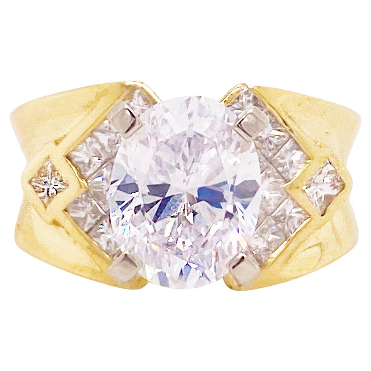 Diamond Engagement Semi-Mount with Oval Cubic Zirconia, 18K Gold, Vintage Style