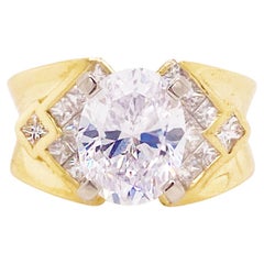 Diamond Engagement Semi-Mount with Oval Cubic Zirconia, 18K Gold, Retro Style