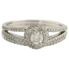 Diamond Engagement Ring and Wedding Band, 14 Karat White Gold Halo .95 Carat