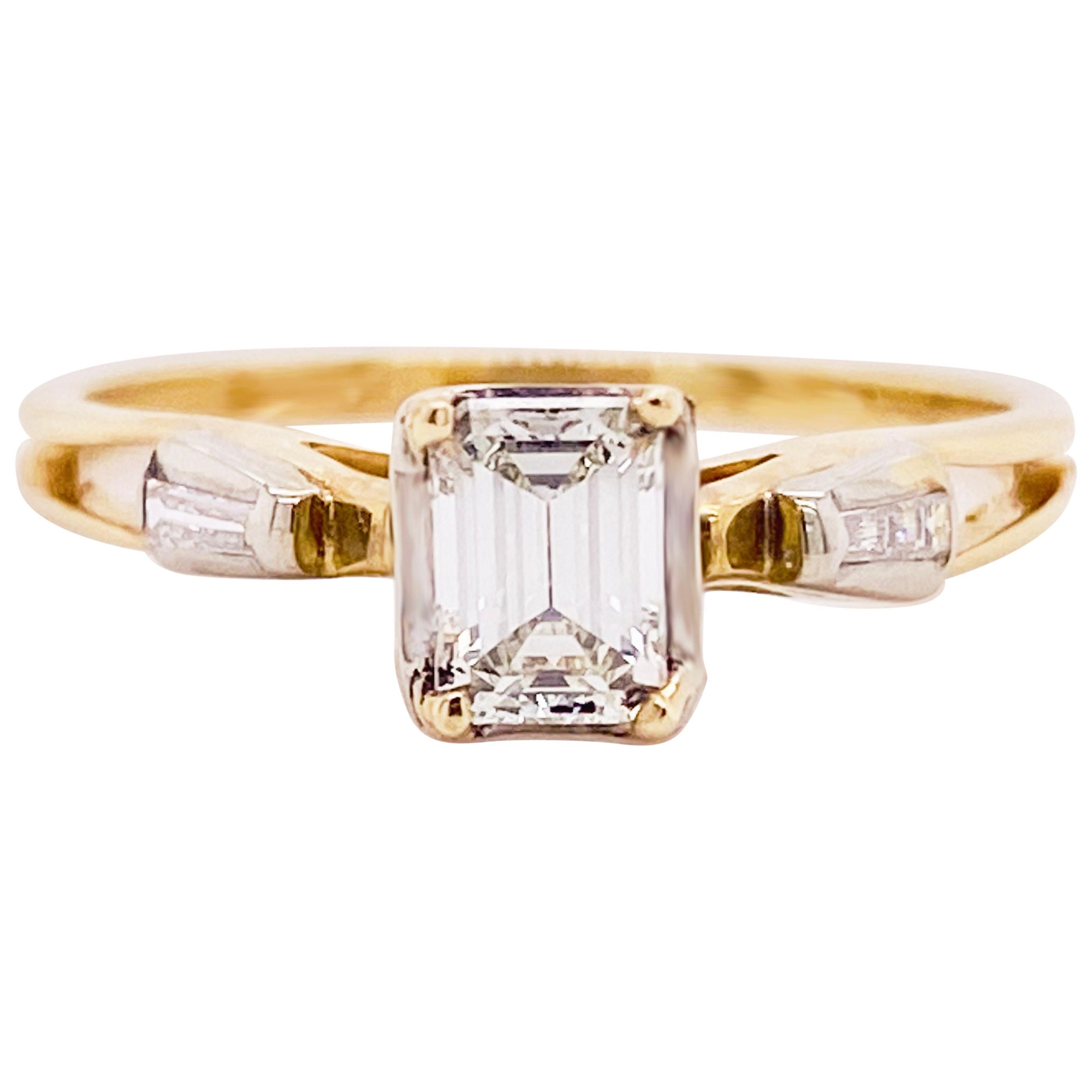 Diamond Engagement Ring, Cathedral Ring, Emerald Cut Ring, 14 Karat Yellow Gold For Sale