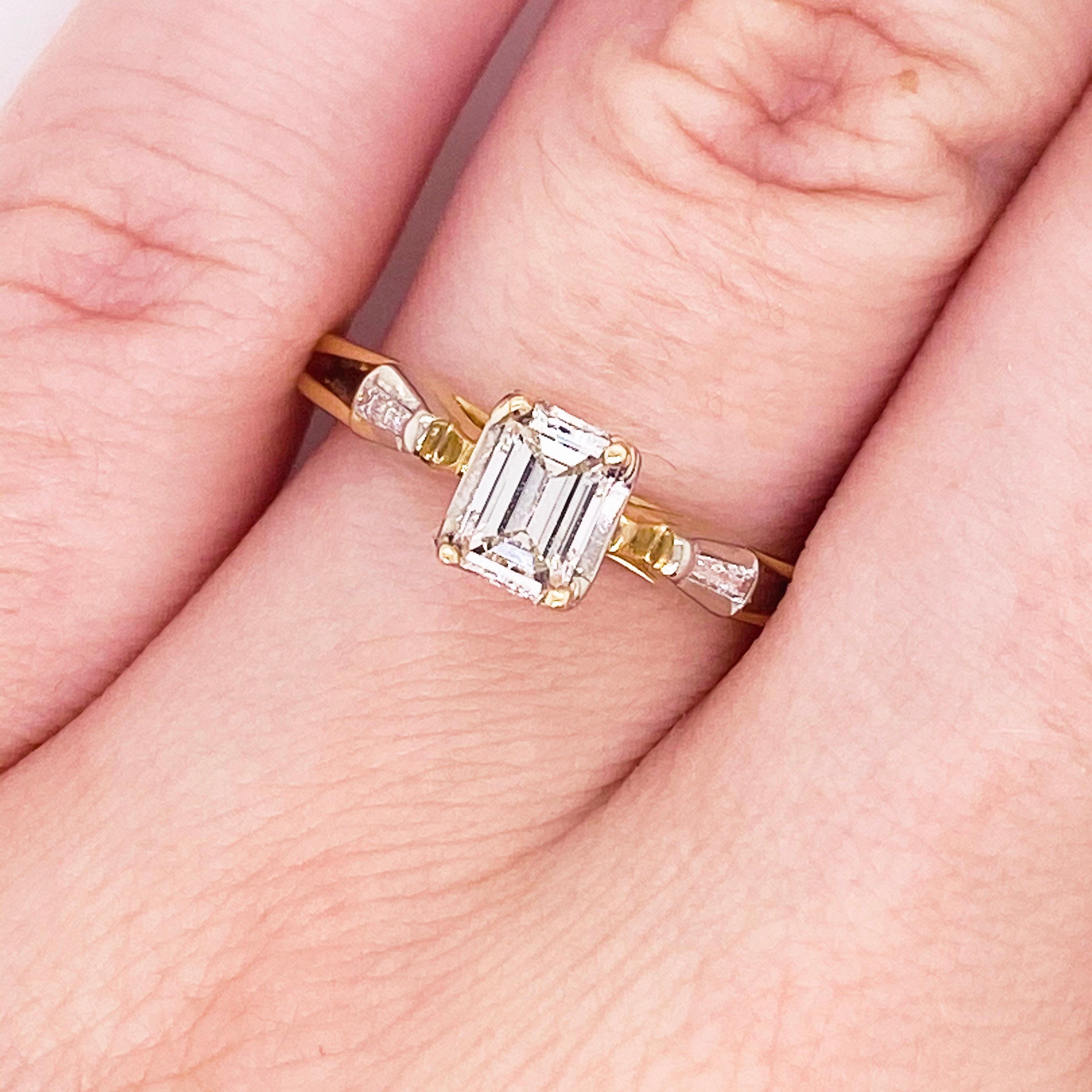 This stunningly beautiful cathedral set three stone emerald cut diamond engagement ring would make anyone thrilled to receive it! These brilliant diamonds set in polished 14k yellow gold provide a look that is very modern and classic at the same