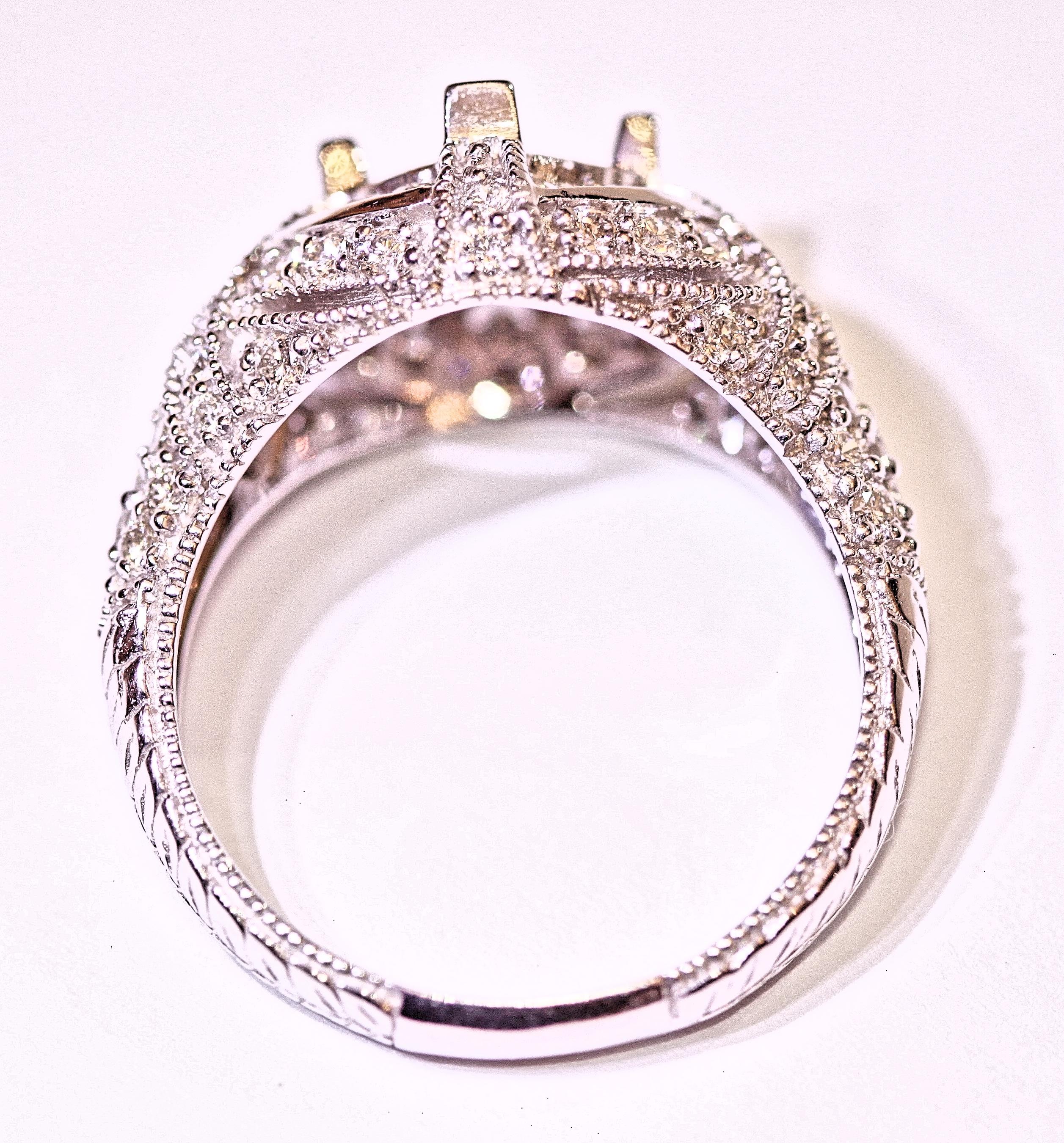 Round Cut Diamond Ring Fashion Ring 14 Karat White Gold Antique Design .96 Carat For Sale