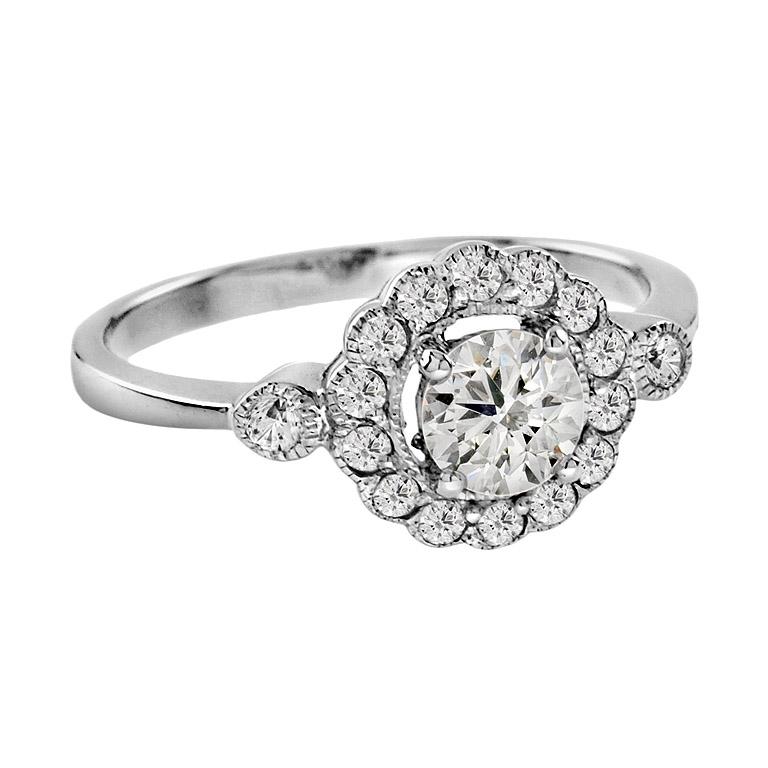 For Sale:  Art Deco Style Diamond Floral Halo Engagement Ring in 18K White Gold 3