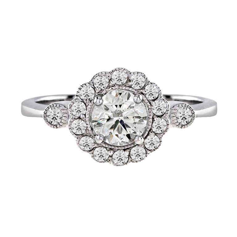 Art Deco Style Diamond Floral Halo Engagement Ring in 18K White Gold