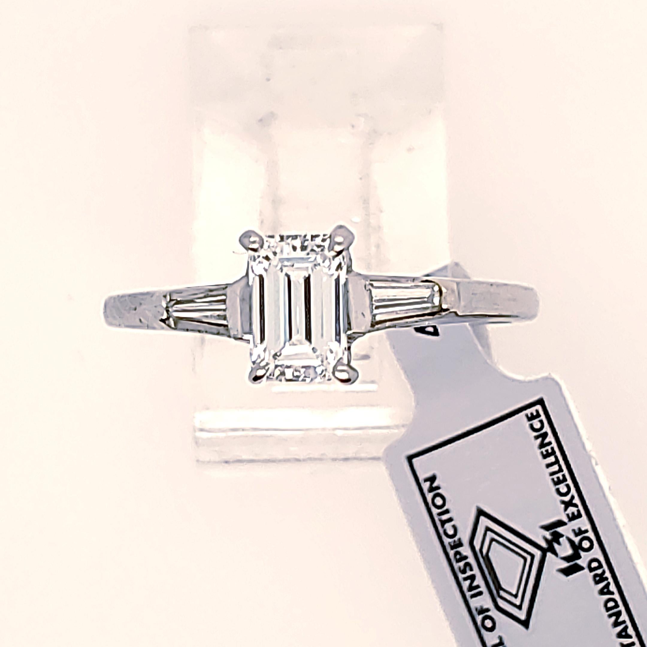 Diamond Engagement Ring - IGI Certed - In Platinum with Two Baguettes In Excellent Condition For Sale In Methuen, MA