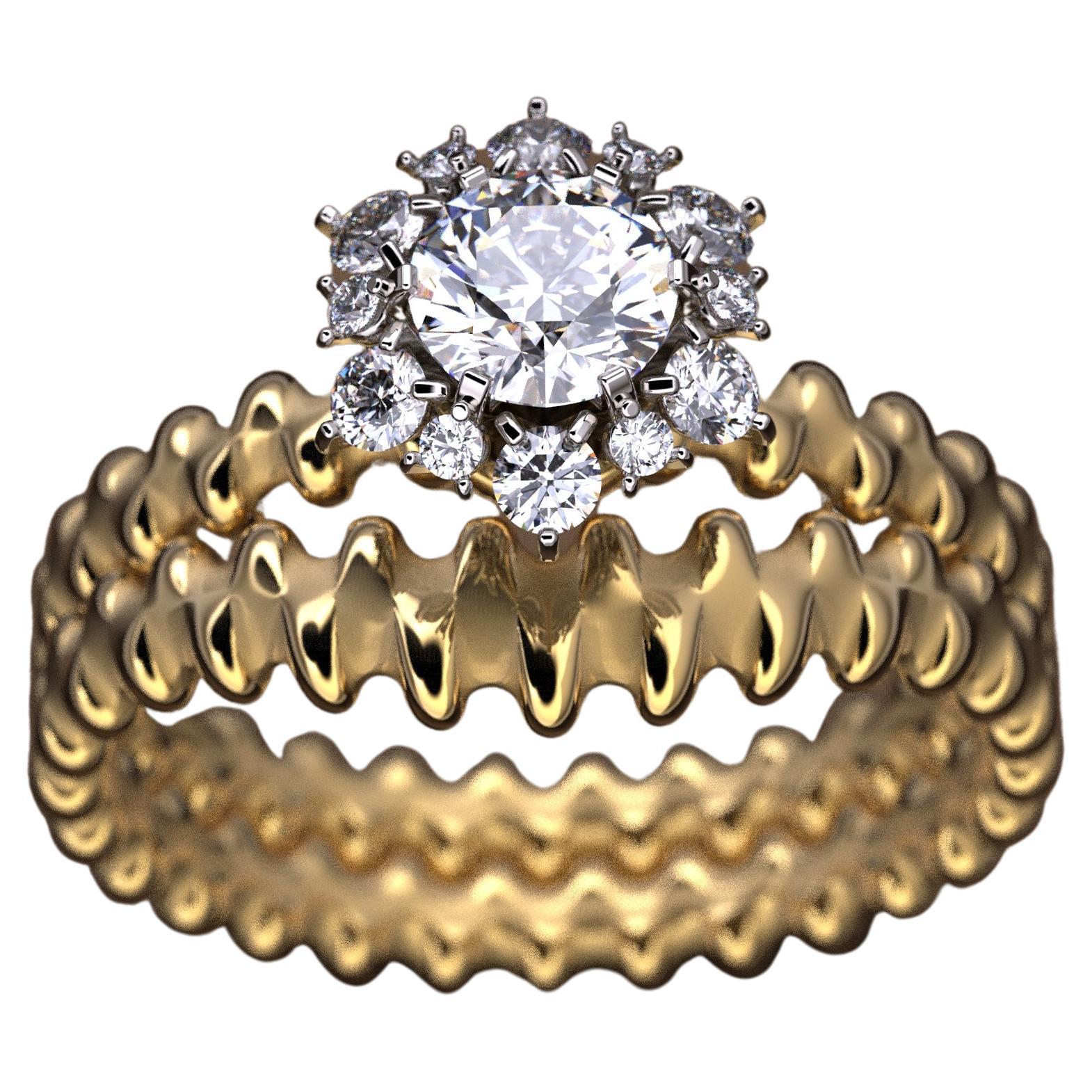 Diamond Engagement Ring Set, 18k Gold Engagement Ring and Matching Wedding Band