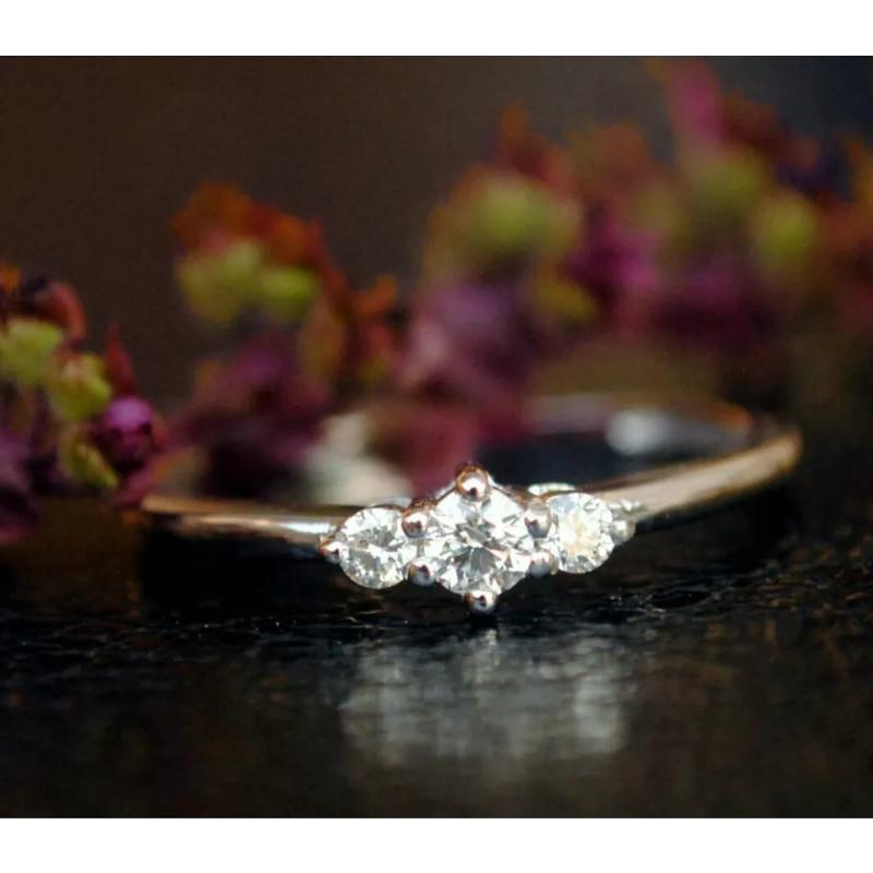 Round Cut Diamond Engagement Ring Three Diamond 14k Solid Gold For Sale