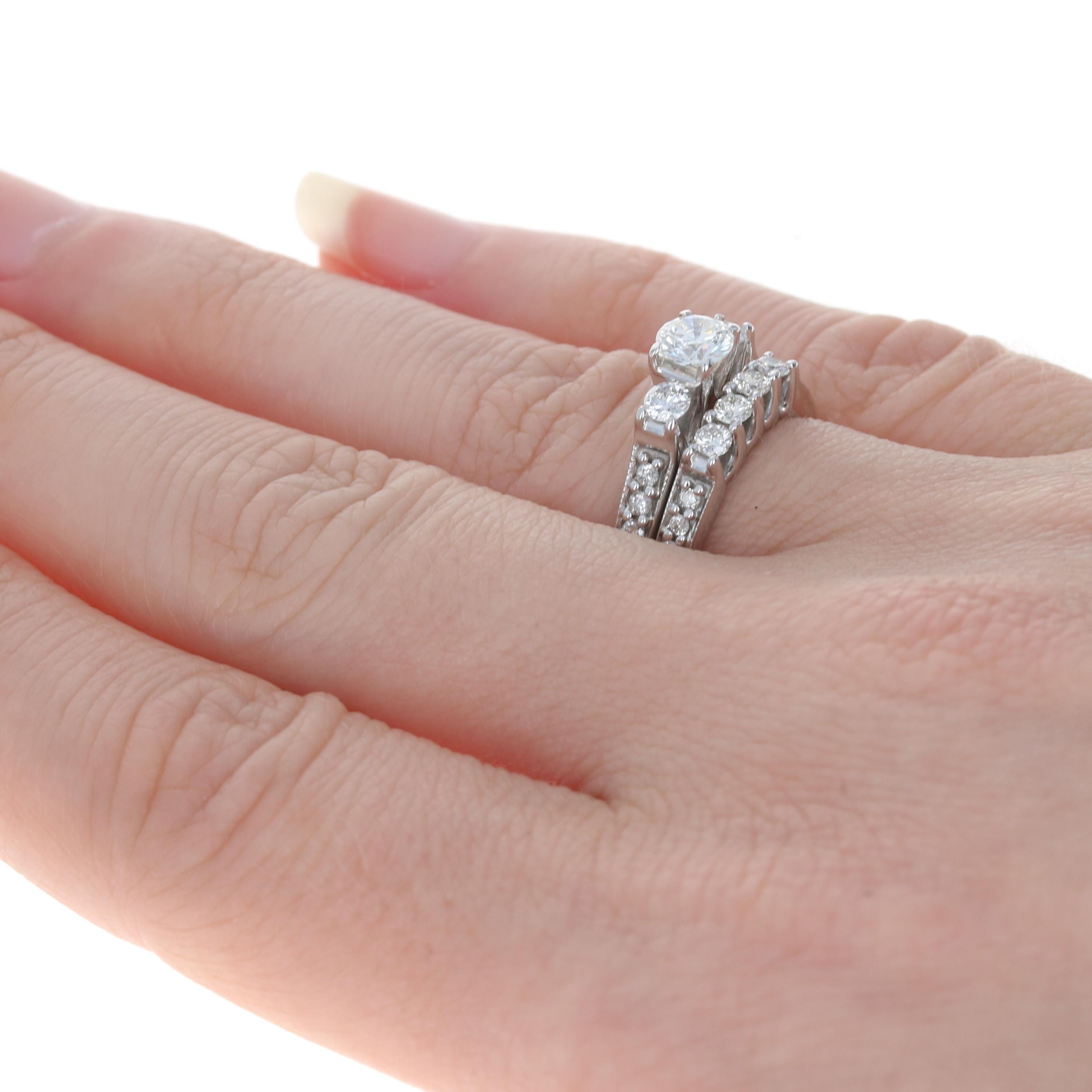 For Sale:  Diamond Engagement Ring & Wedding Band Set, 14k Gold Milgrain Round Cut 1.10ctw 5