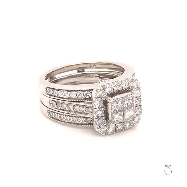 This elegant 14k white gold engagement ring with matching ring jacket. This halo ring features a 4 square diamond center totaling approximately 0.40 carats and is surrounded by a 16 round diamond halo totaling an additional 0.32 carats. The diamonds
