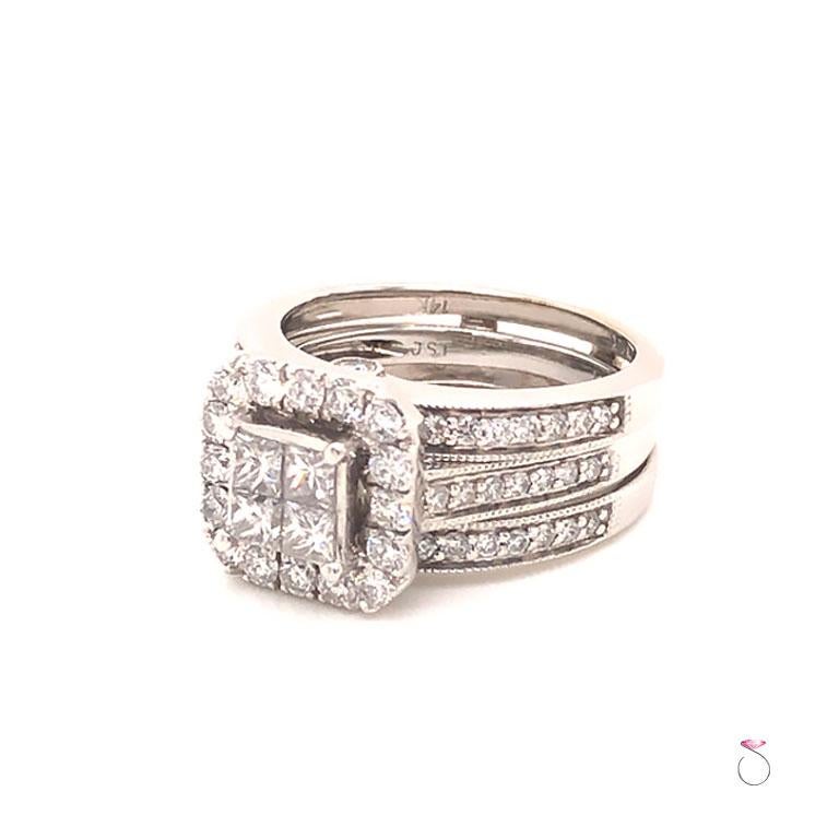 Diamant-Verlobungsring mit passender Ringjacke, 14k Weißgold (Carréschliff) im Angebot