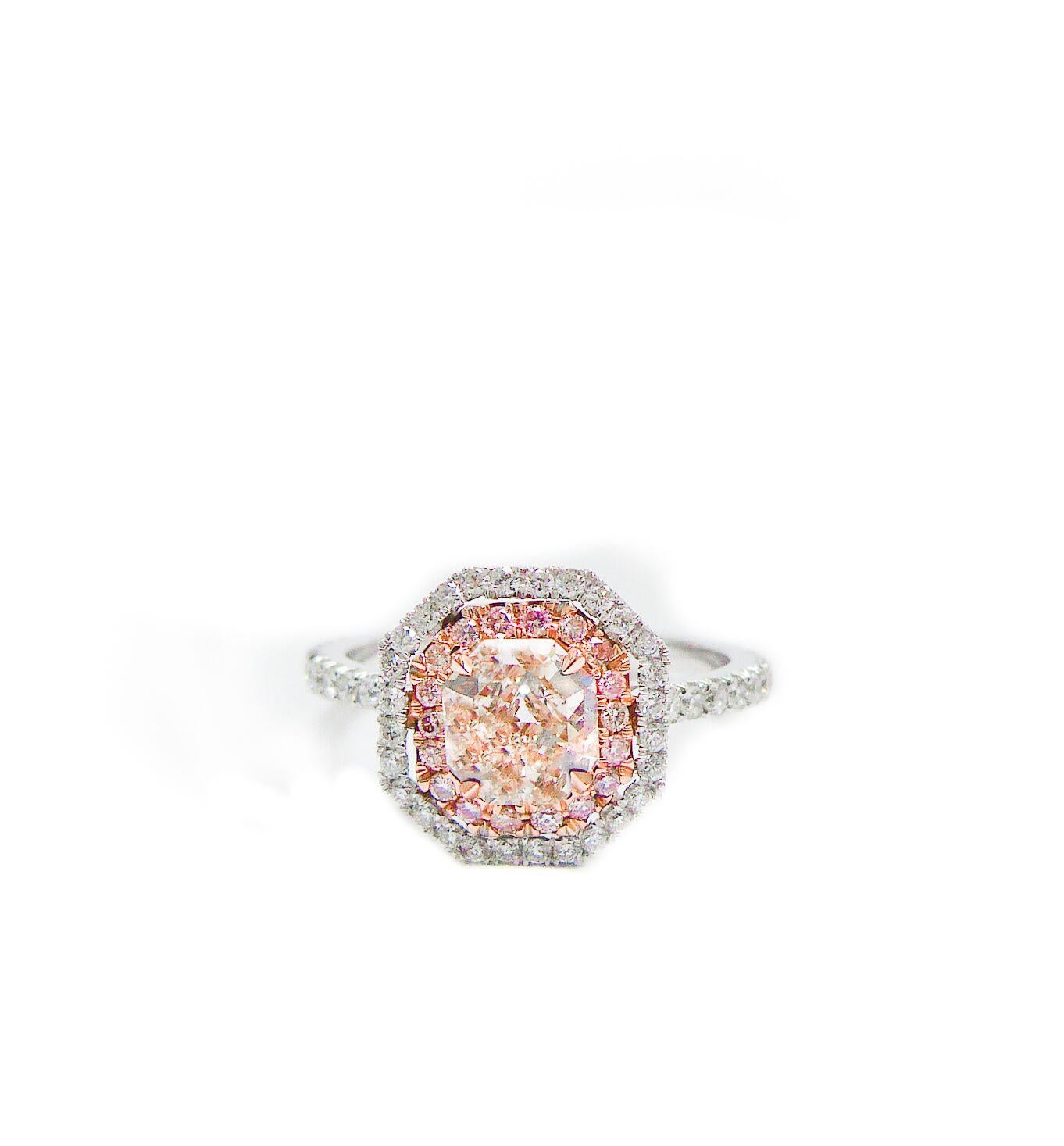 Diamond Engagement Ring With Center Gia Certified 1.00ct Fancy Light Pink Surrounded By One Row Of Pink Diamonds And One Row Of White Diamonds (.80ct) In Platinum And18kt Pink Gold Halo Setting

