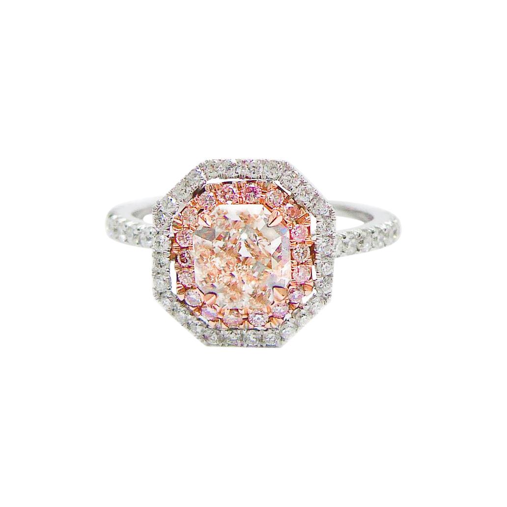 Diamond Engagement Ring with Platinum and 18kt Pink Gold Halo Setting For Sale