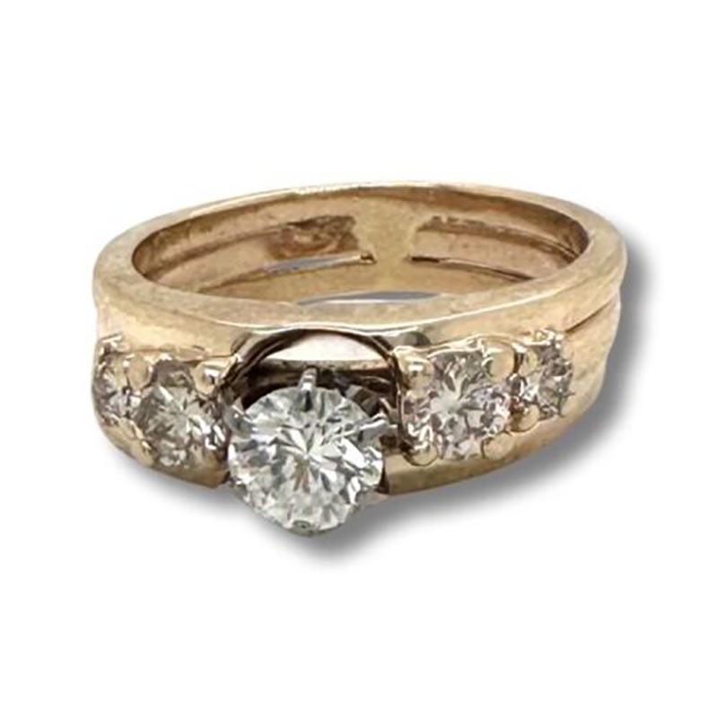Style: Engagement Ring

Metal: Yellow Gold

Metal Purity: 14k

Stones: 5

Center Stone: .42 Ct

Diamond Carat Weight: approx .65ct 

Diamond Clarity: SI1 

Diamond Color: G - H

Ring Size: 6.25

Total Weight (grams): 5.9

Includes: Brilliance Jewels