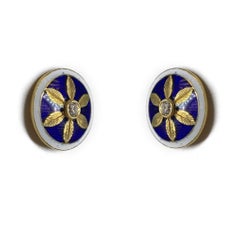 Diamond Engraved Flower Blue Enamel Earrings in 18 Karat Gold
