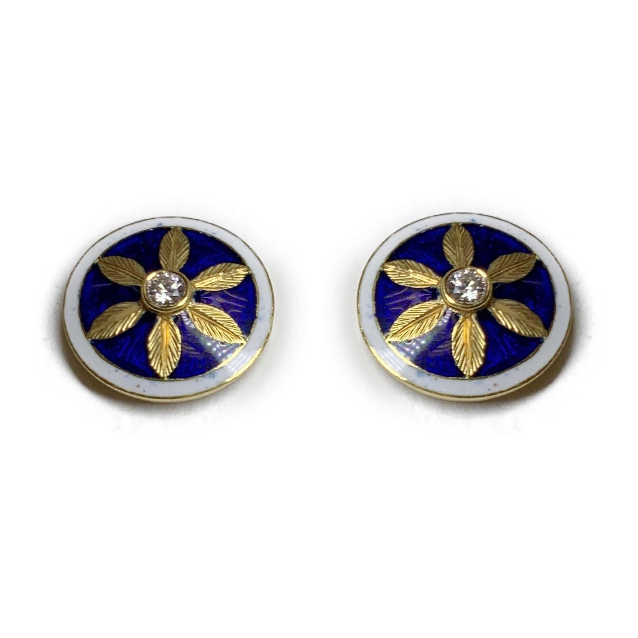 Brilliant Cut Diamond Engraved Flower Blue Enamel Earrings in 18 Karat Gold For Sale