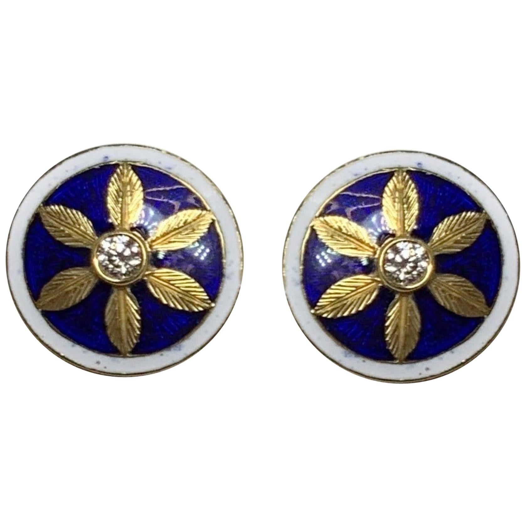 Diamond Engraved Flower Blue Enamel Earrings in 18 Karat Gold For Sale