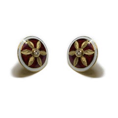 Diamond Engraved Flower Red Enamel Earrings in 18 Karat Gold