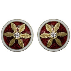 Diamond Engraved Flower Red Enamel Earrings in 18 Karat Gold