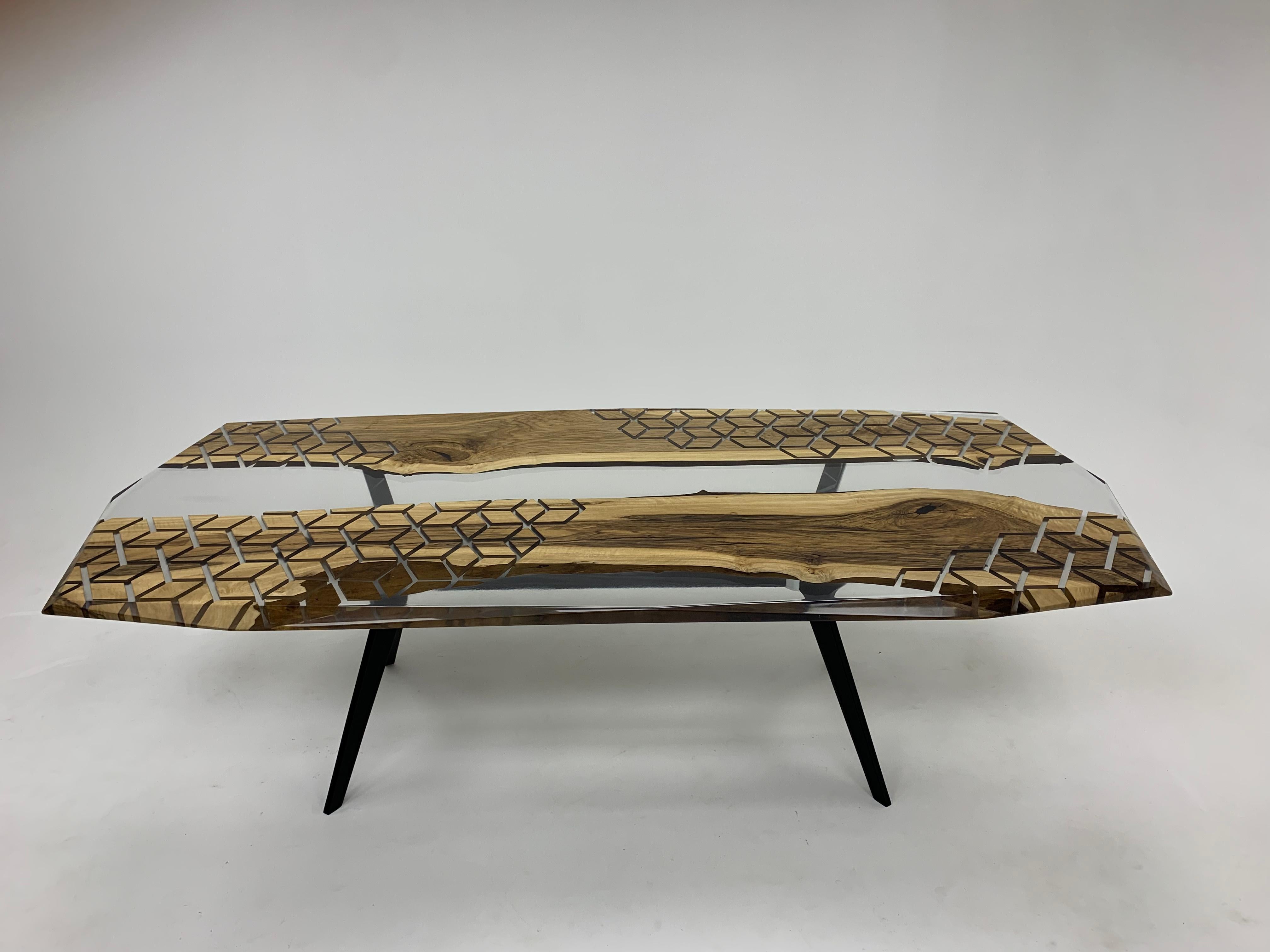 Hand-Carved Diamond Epoxy Resin Live River Live Edge Dining Table For Sale