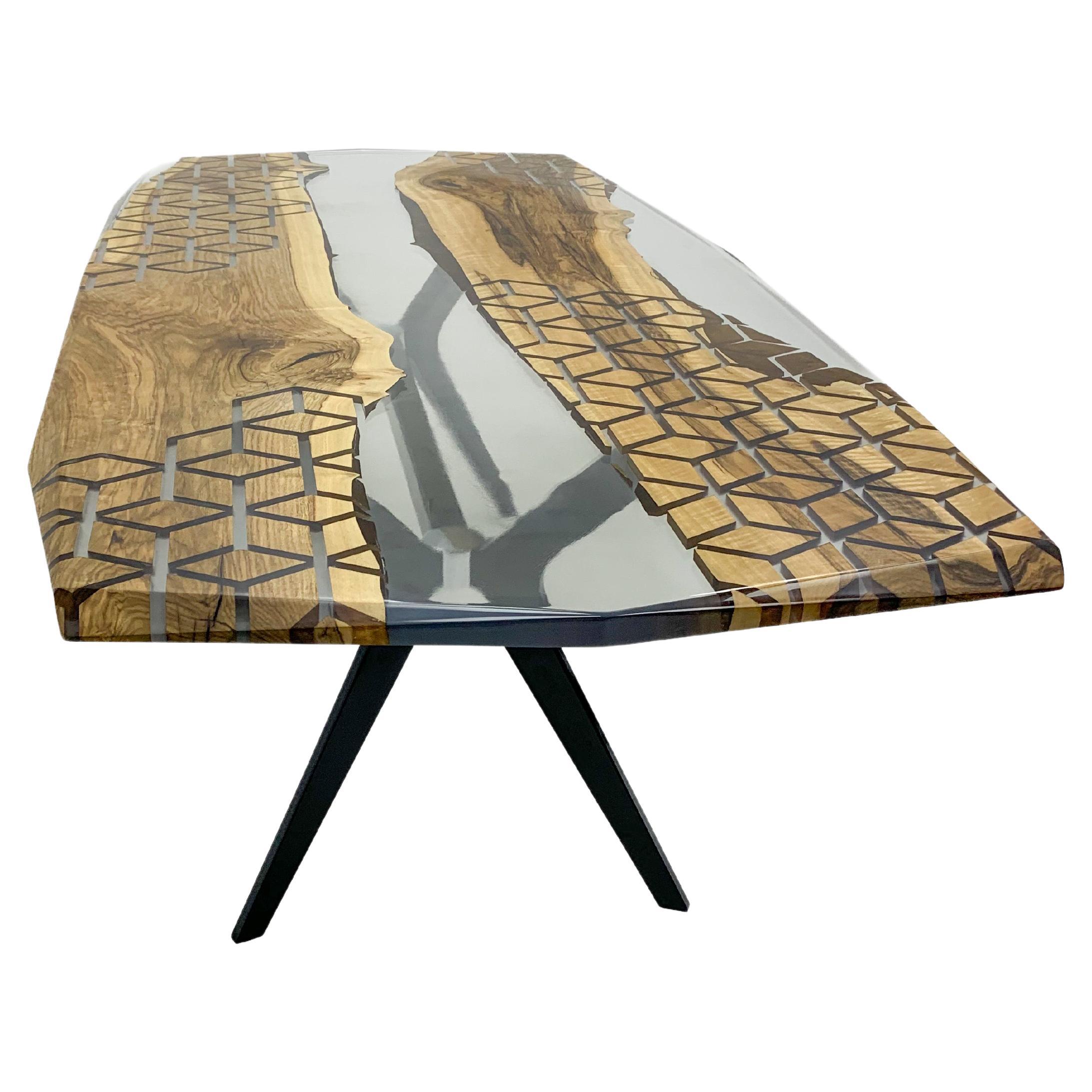 Diamond Epoxy Resin Live River Live Edge Dining Table For Sale