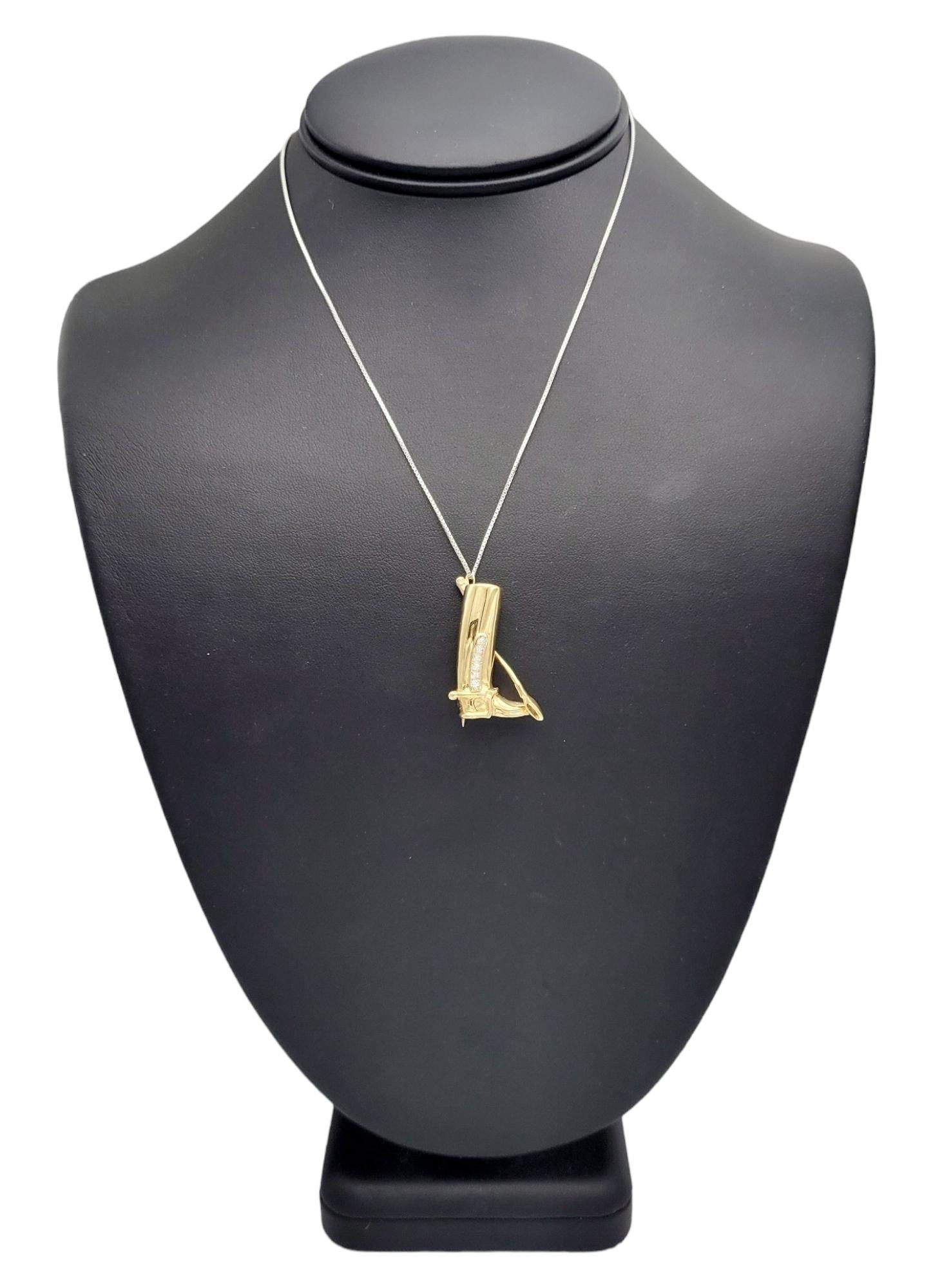 Diamond Equestrian Boot & Riding Crop Brooch / Pendant in 14 Karat Yellow Gold For Sale 5