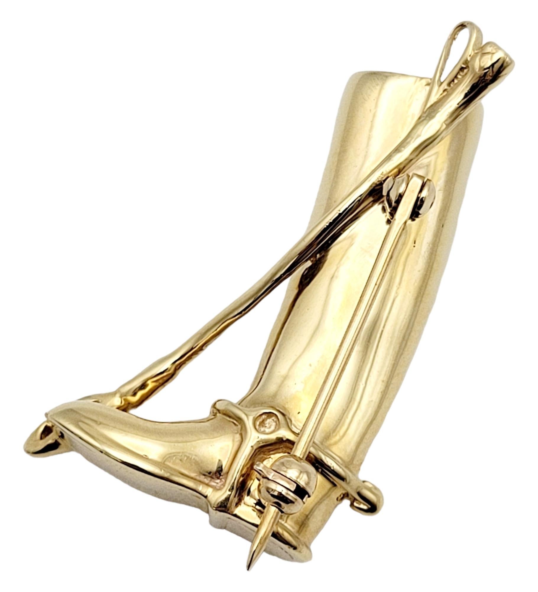 Diamond Equestrian Boot & Riding Crop Brooch / Pendant in 14 Karat Yellow Gold For Sale 1