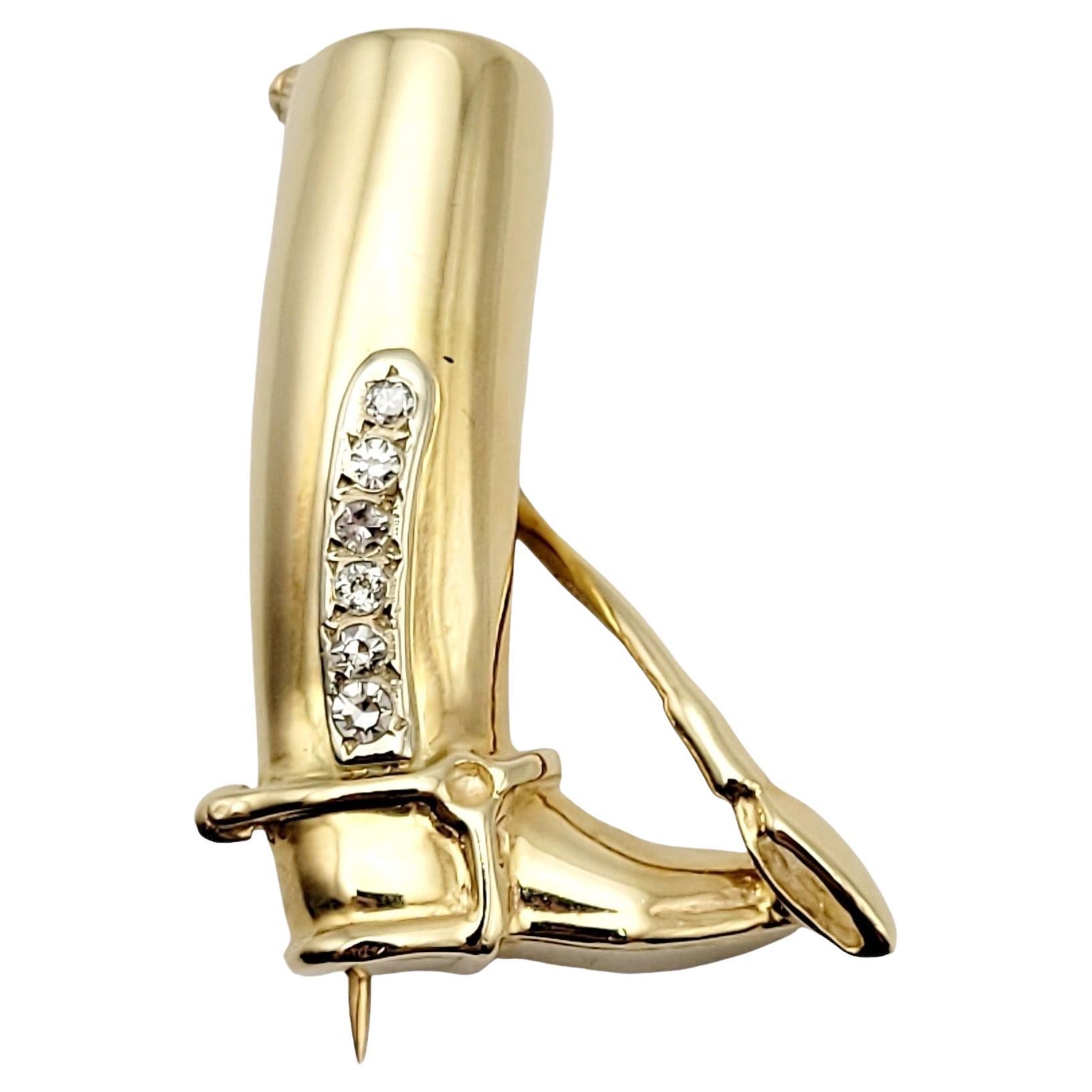 Diamond Equestrian Boot & Riding Crop Brooch / Pendant in 14 Karat Yellow Gold For Sale