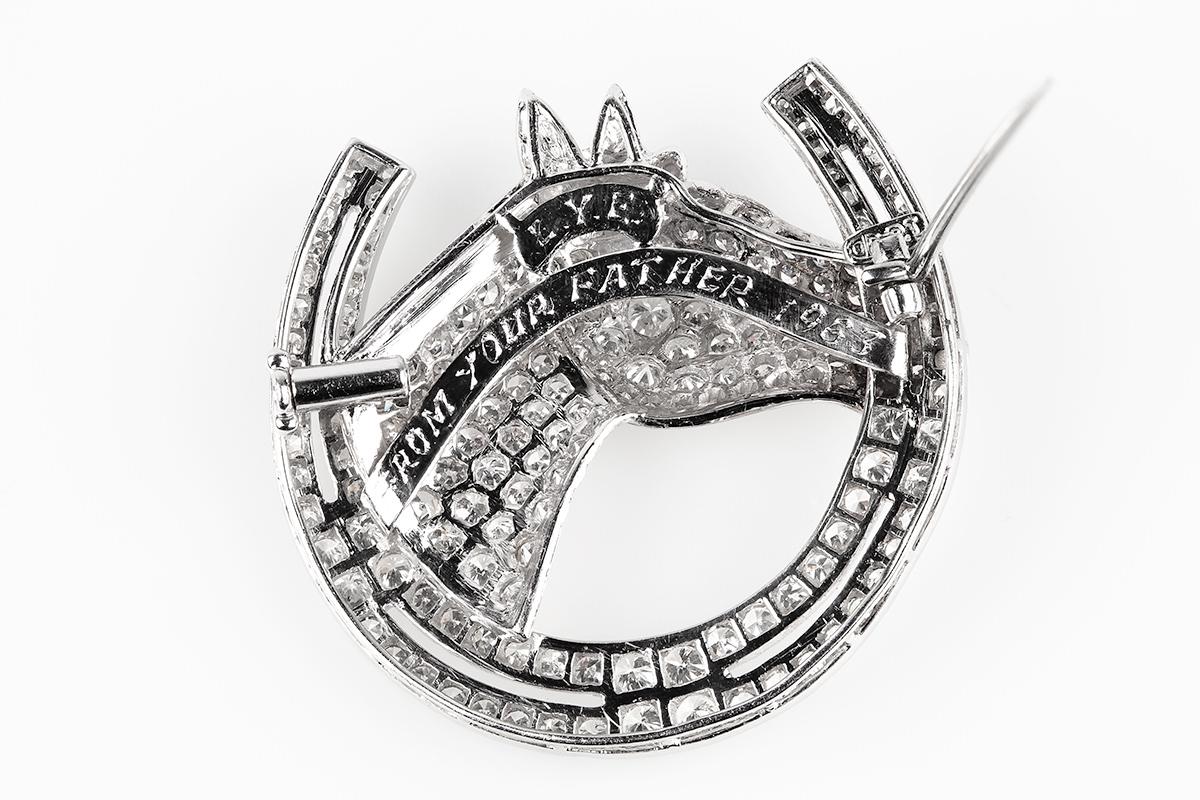 Edwardian Diamond Equestrian Brooch of Horses Head & Horse Shoe in Platinum, English, 1963 For Sale