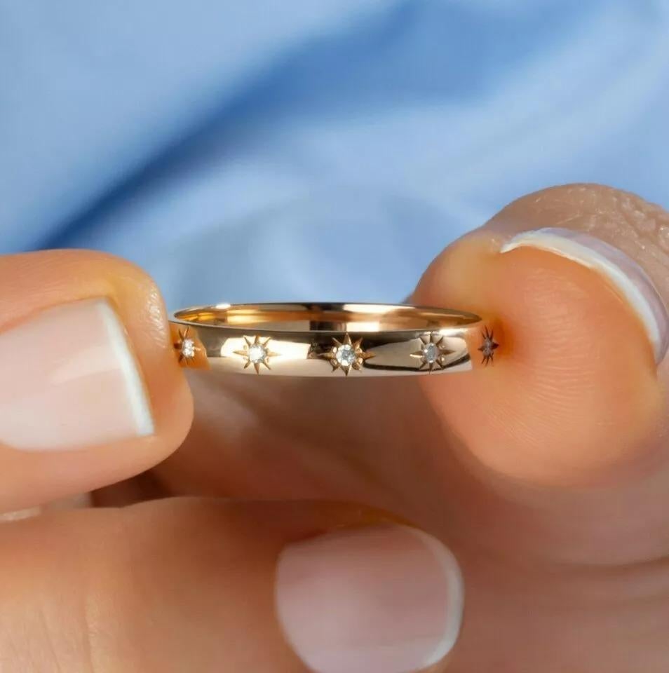 Round Cut Diamond Eternity Band 14K Solid Yellow Gold Engraved Star Diamond Stacking Ring For Sale
