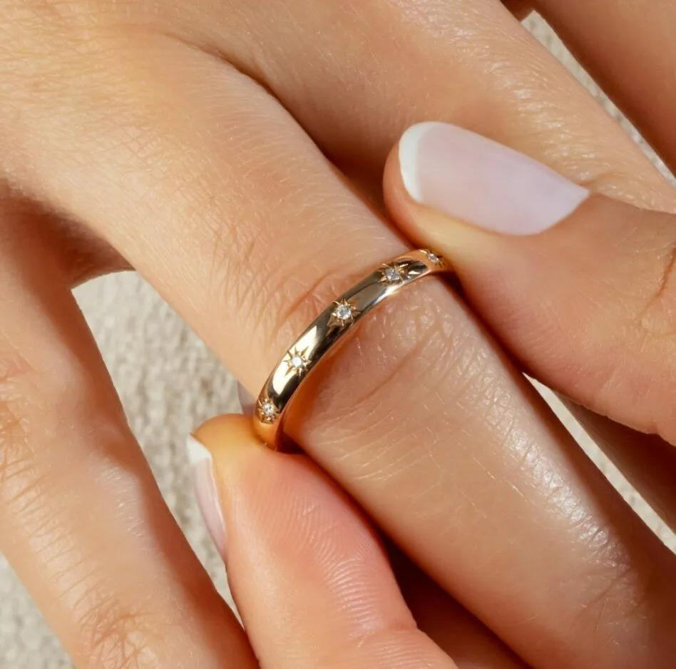 Diamond Eternity Band 14K Solid Yellow Gold Engraved Star Diamond Stacking Ring In New Condition For Sale In Chicago, IL