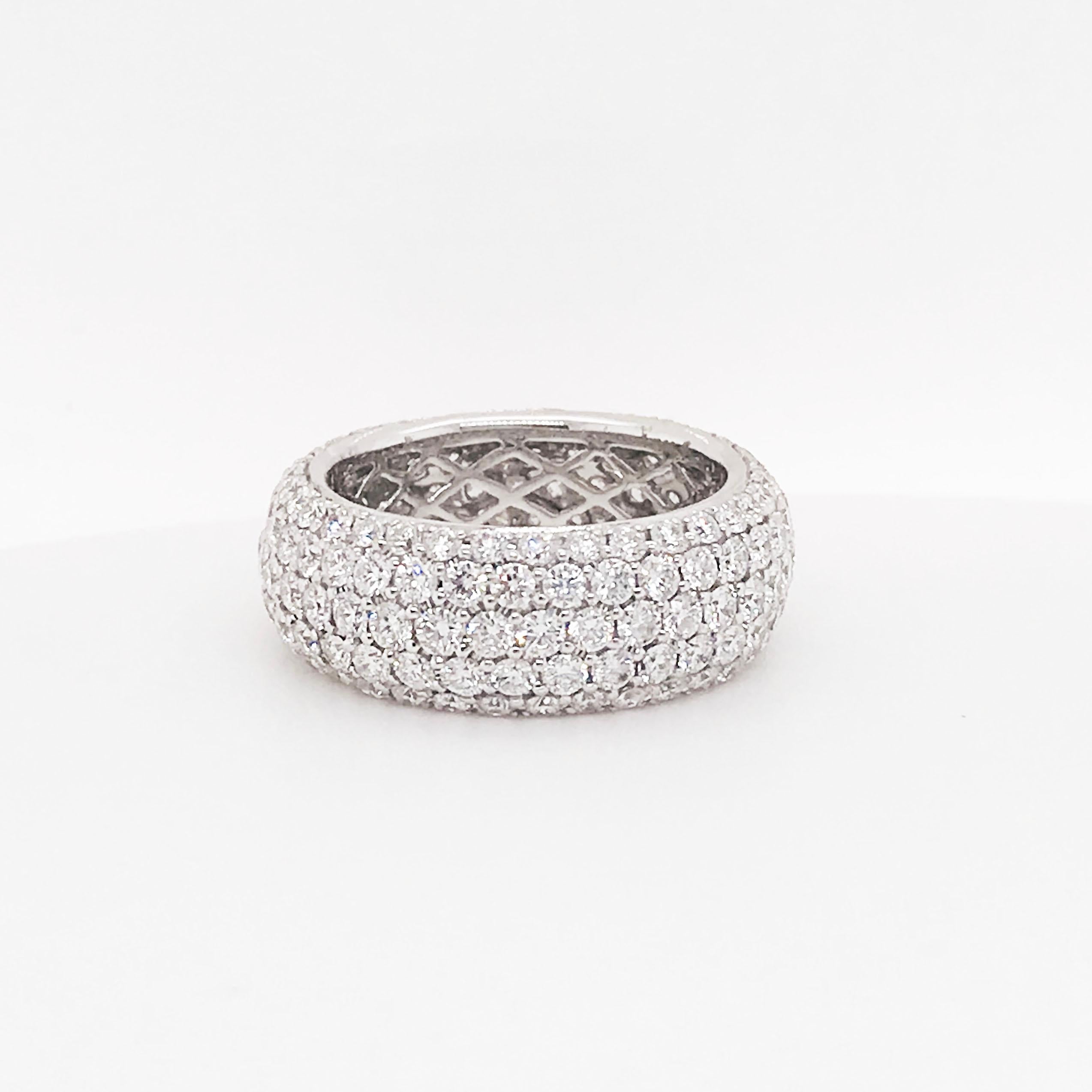Gorgeous designer diamond cigar ring! With genuine, natural round brilliant diamonds, pave set in five rows going all the way around the band! This ring has 3.76 carats total diamond weight and is 8 millimeters wide! The round brilliant diamonds are