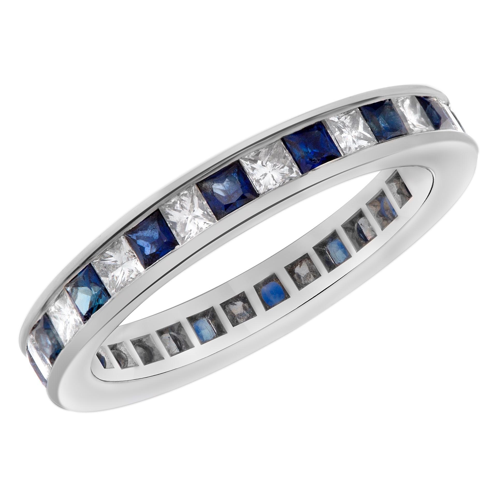 Diamond Eternity Band and Ring with Sapphire in Platinum; 1 Carat in F-G Color V In Excellent Condition For Sale In Surfside, FL