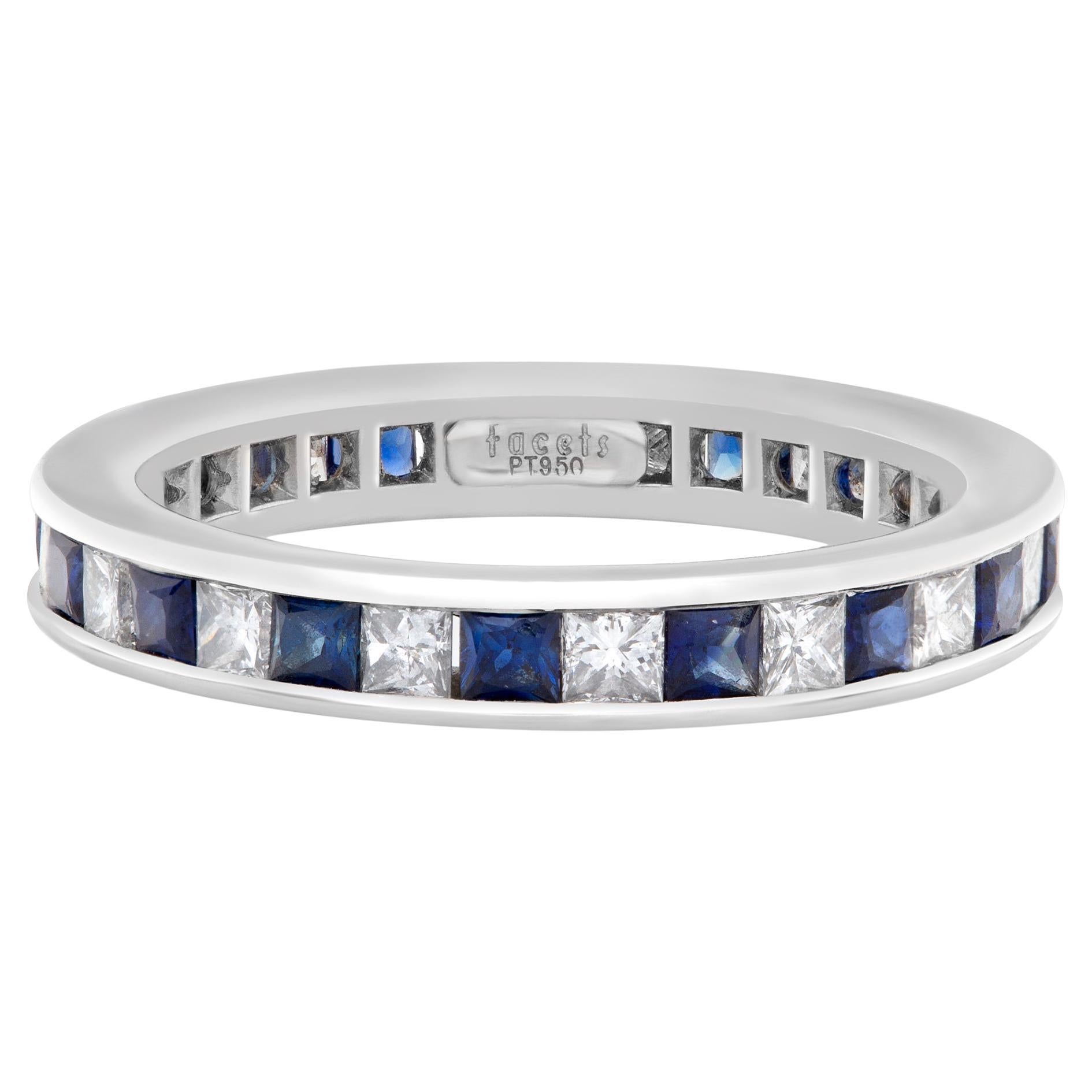Diamond Eternity Band and Ring with Sapphire in Platinum; 1 Carat in F-G Color V For Sale
