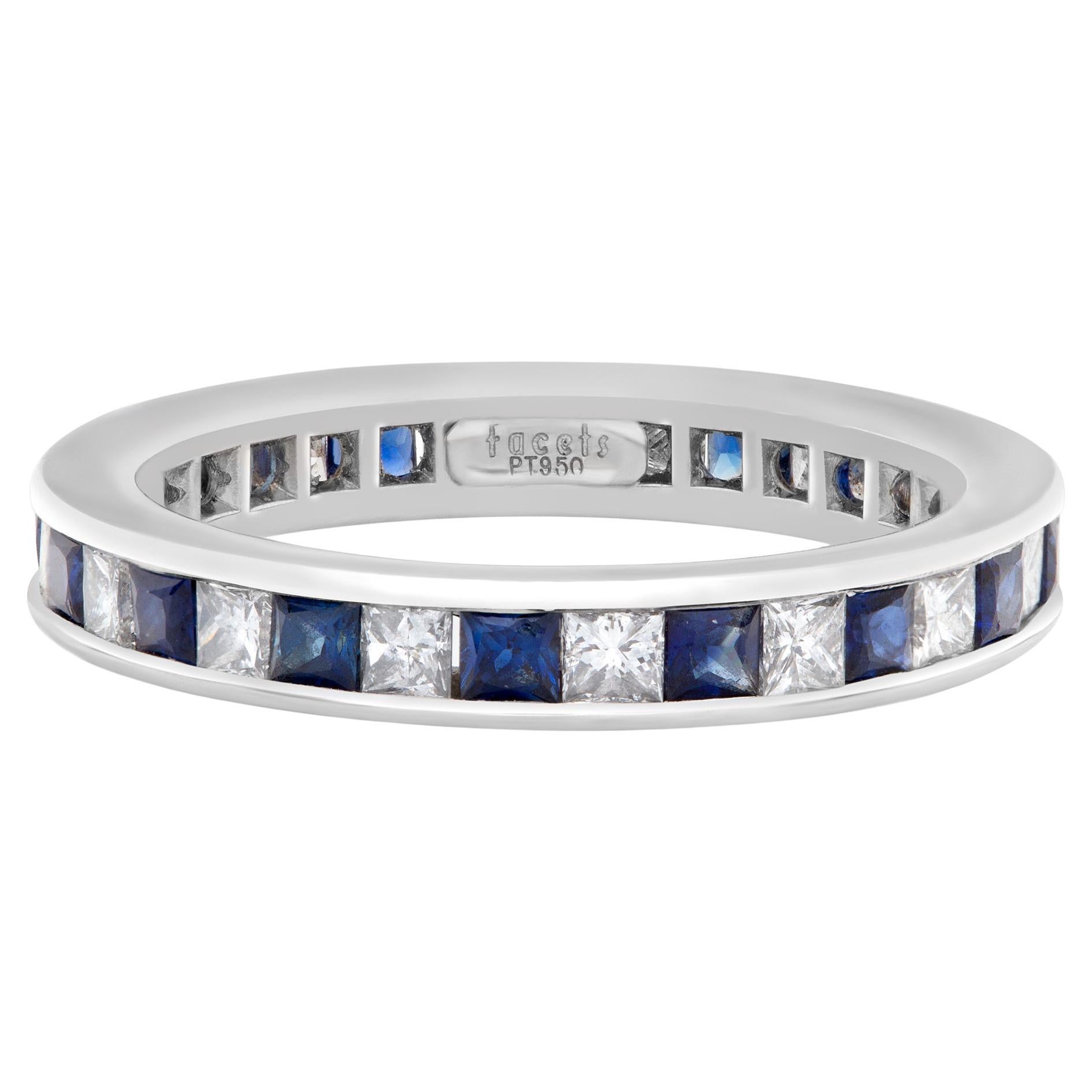 Diamond Eternity Band and Ring with Sapphire in Platinum, 2 Carats in F-G Color