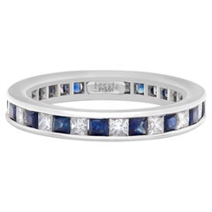 Vintage Diamond Eternity Band and Ring with Sapphire in Platinum, 2 Carats in F-G Color