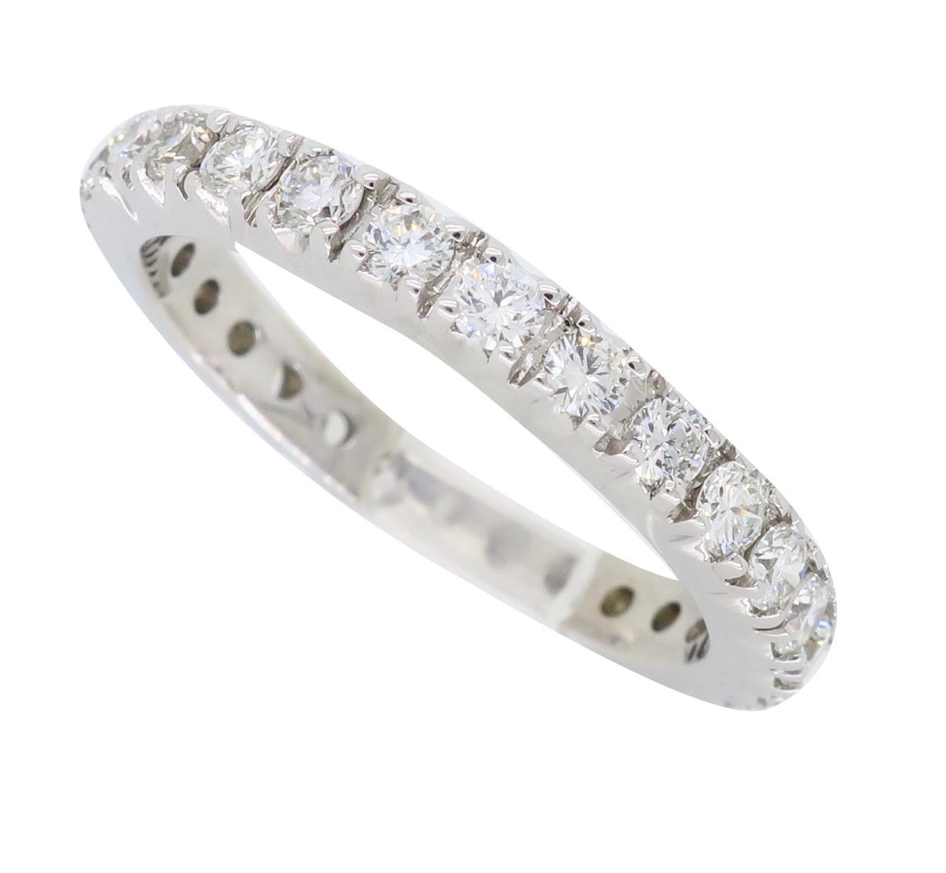 Classic round brilliant cut eternity style diamond band.

Diamond Carat Weight: Approximately .87CTW
Diamond Cut: Round Brilliant Cut Diamonds
Color: Average  G-I
Clarity: Average VS-SI
Metal: 14K White Gold
Marked/Tested: Stamped “14K