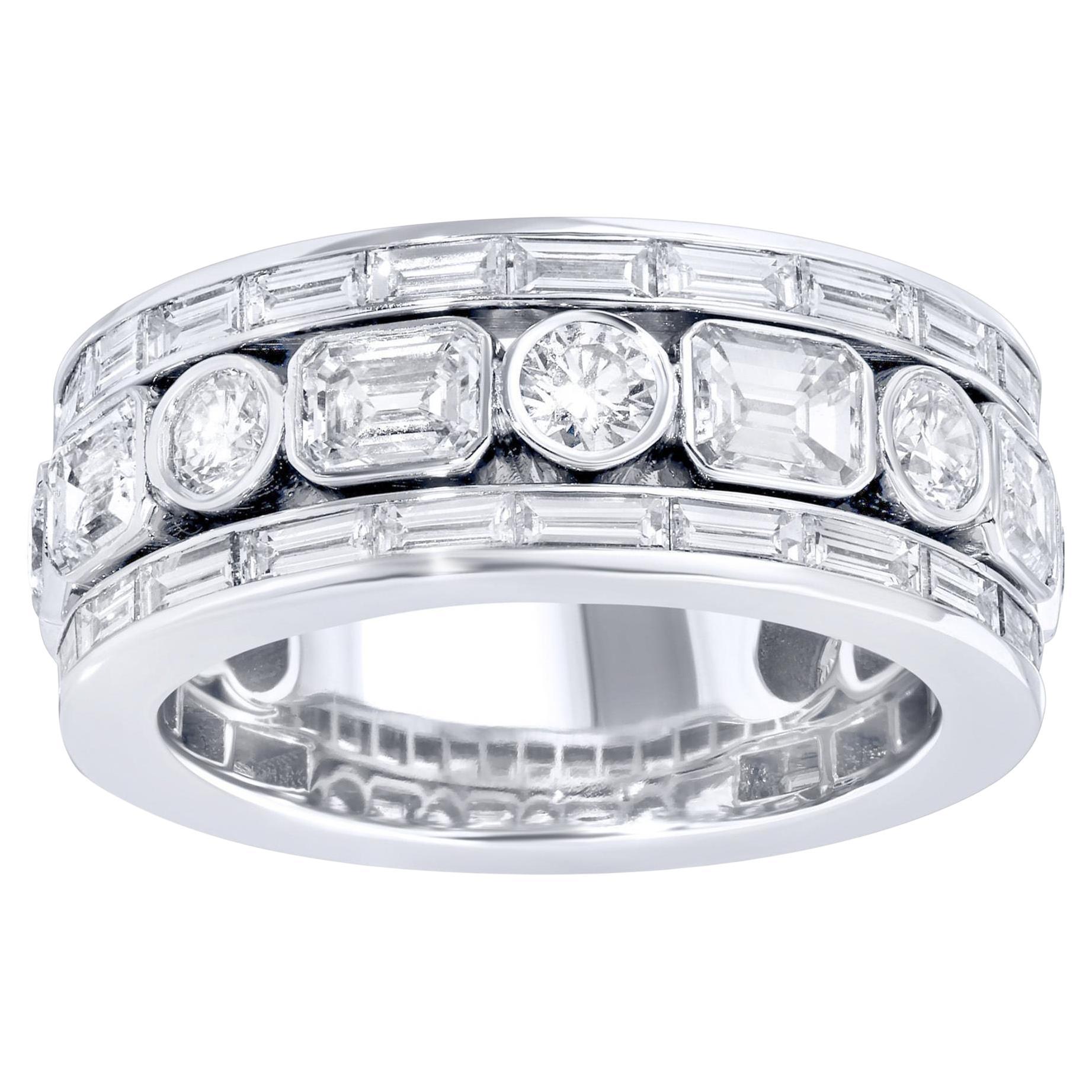 Diamond Eternity Band Ring Emerald Round Baguette 3.85 Carats 18K White Gold