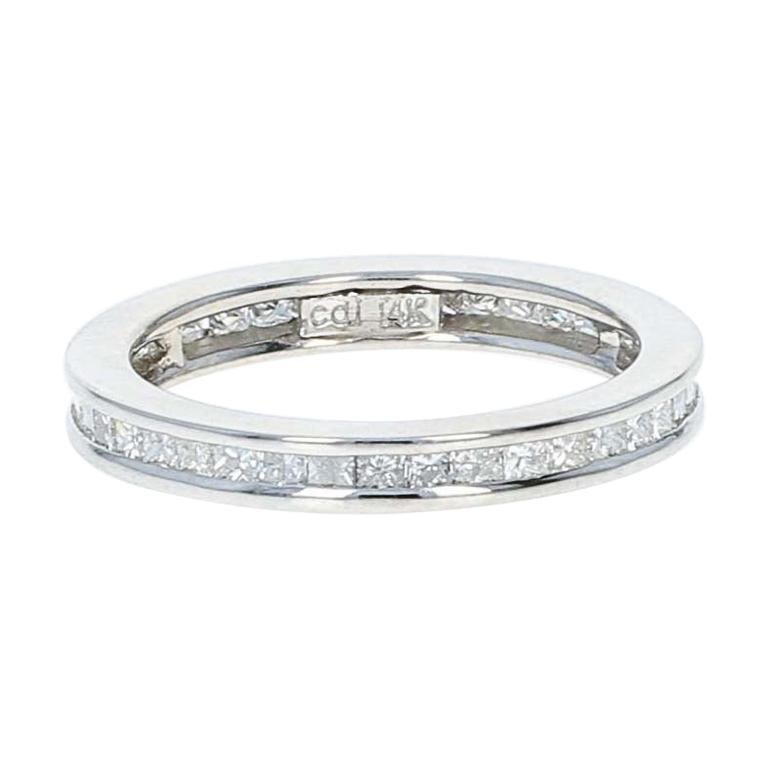 Diamond Eternity Wedding Band, 14 Karat White Gold Ring Princess Cut 1.60 Carat For Sale