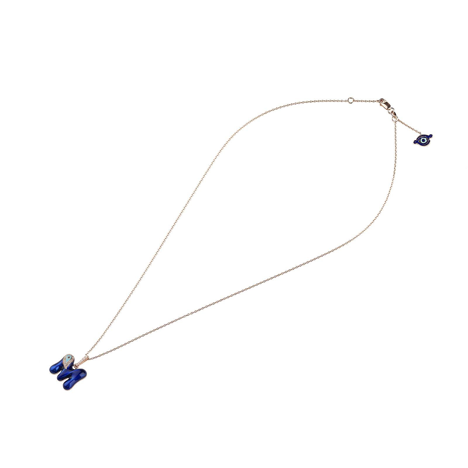 Artisan Diamond Evil Eye ID Charm Necklace, 14Karat Rose Gold with Blue Turquoise Enamel For Sale